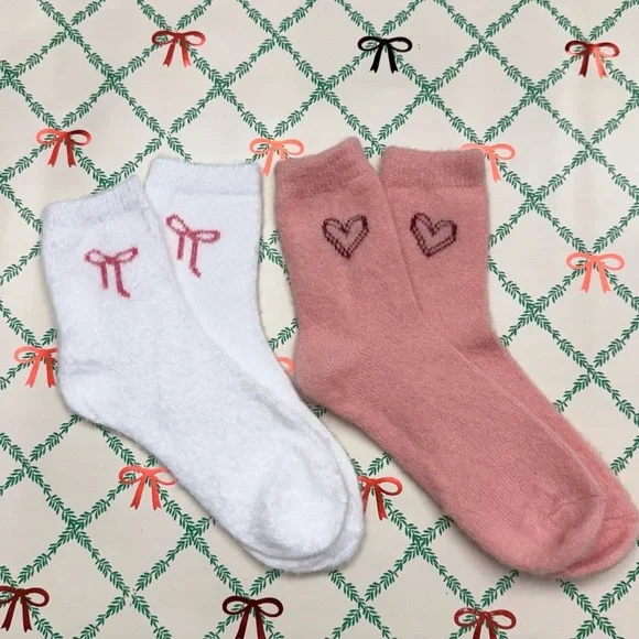 Cute Pink and White Socks with Heart and Bow Designs