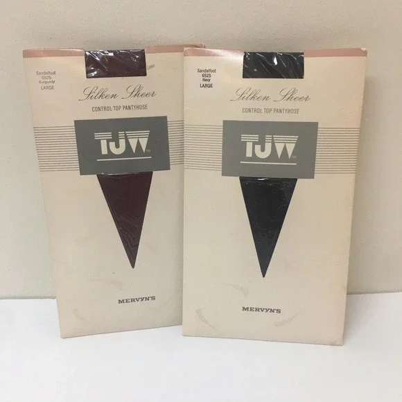 Vintage TJW Mervyn's Navy & Burgundy Pantyhose 2 Pair Lot Size Large Control Top