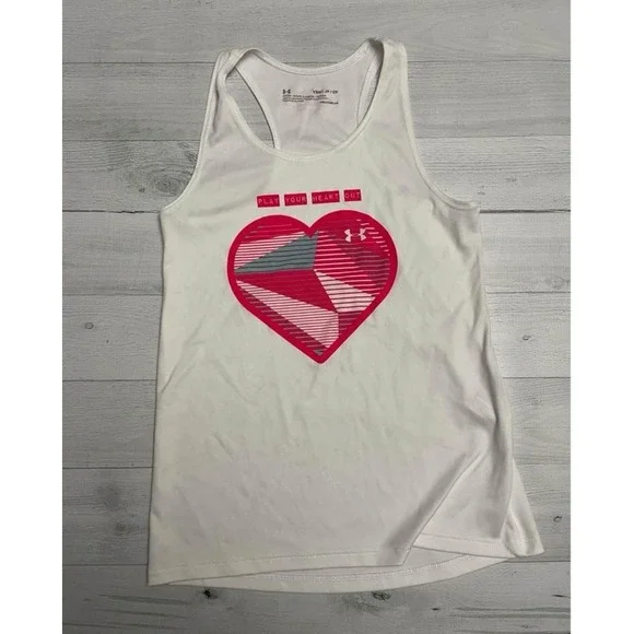 Under Armour girls white tank top pink heart play your heart out‎ youth small