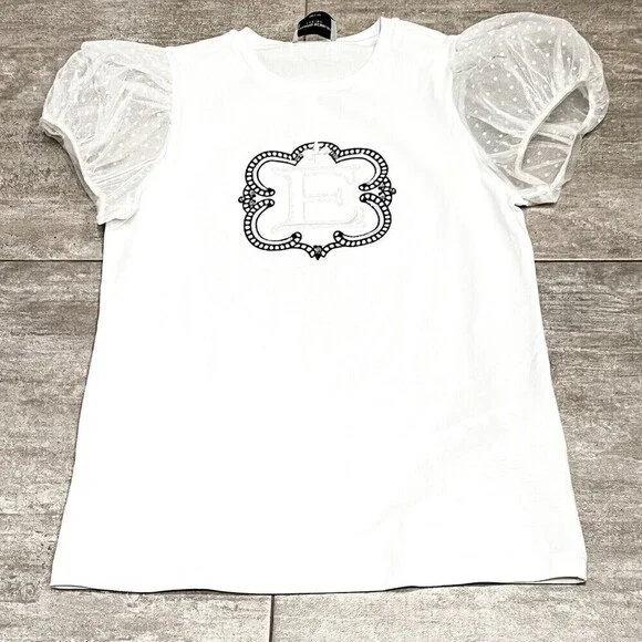 Ermanno Scervino Junior  White “E” Princess T‎ Shirt With Tulle Sleeves Size XL