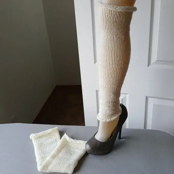 Cream Knit Leg / Arm Warmer roll top handmade OSFA acrylic yarn Ecru