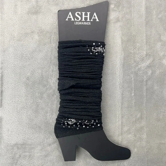 Asha Black Knit Legwarmers Rhinestone Embellished Shimmer Metallic One Size‎ NEW