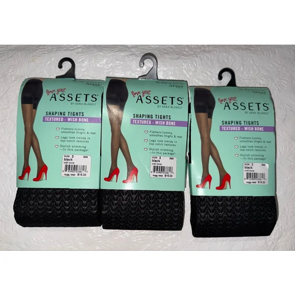NWT Assets by Spanx Shaping Control Tights Size 3 Black Textured wishbone