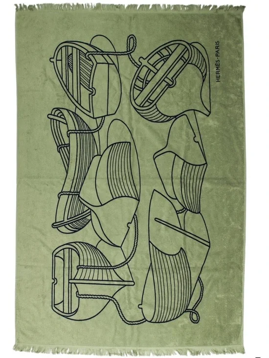Hermès Green Illustrated Beach Towel with box