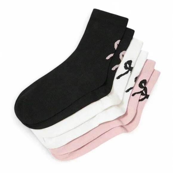 Set Of 3 Socks With bows, New, One size, Pink, white & grey cottage cozy style.