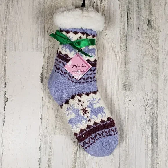 NWT Mari Clare Sherpa Lined Knit Winter Reindeer Design No-Slip Slipper Socks