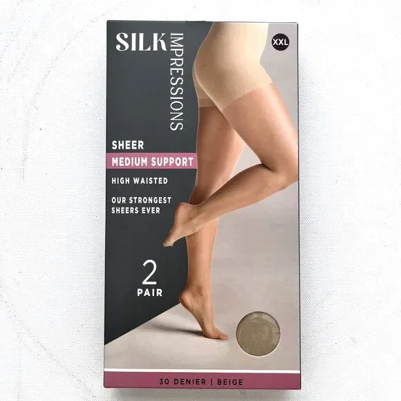 NEW SILK Impressions Beige Sheer Medium Support Pantyhose XXL 30 Denier 2pr