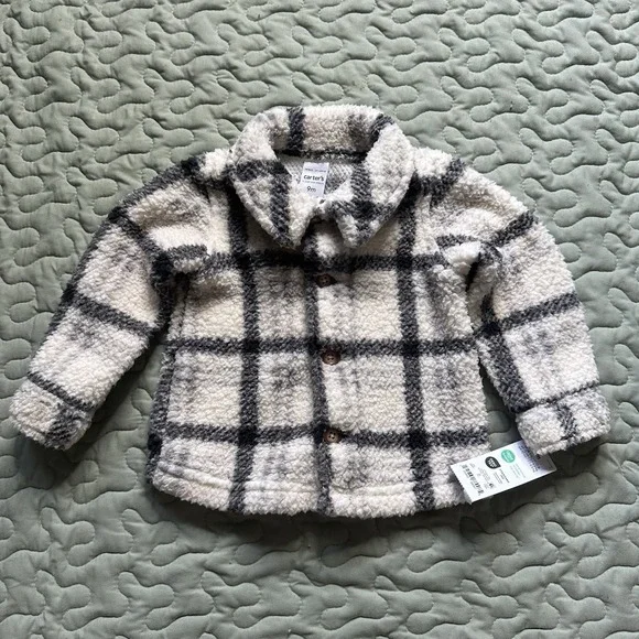 NWT Carter's Infant White Plaid Fleece Button Up Shirt Jacket Size 9M