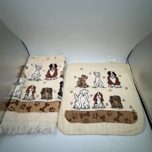 Vintage Cecil Saydah Puppy Dog Hand Towel Washcloth Set Cream Cotton 90s Decor