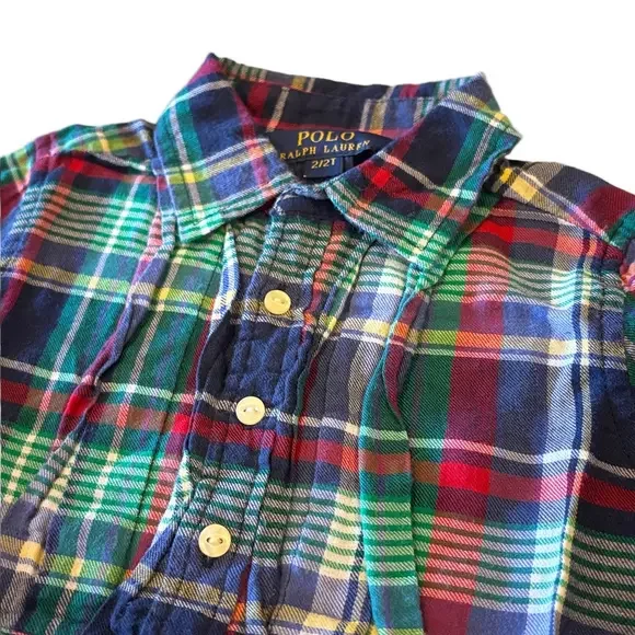 Polo Ralph Lauren Girls 2T Blue Plaid Flannel Long Sleeve Shirt