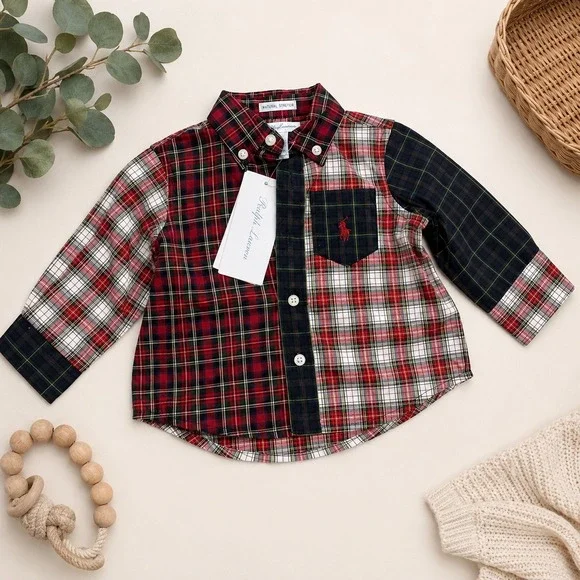 Ralph Lauren Baby Boys 3M Patchwork Plaid Button Down Shirt  Multi NWT