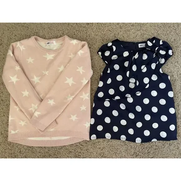 Lot Of 2 H&M Pink Star Sweater Polka Dot Cap Sleeve Blouse Top Size 6-7 6-8