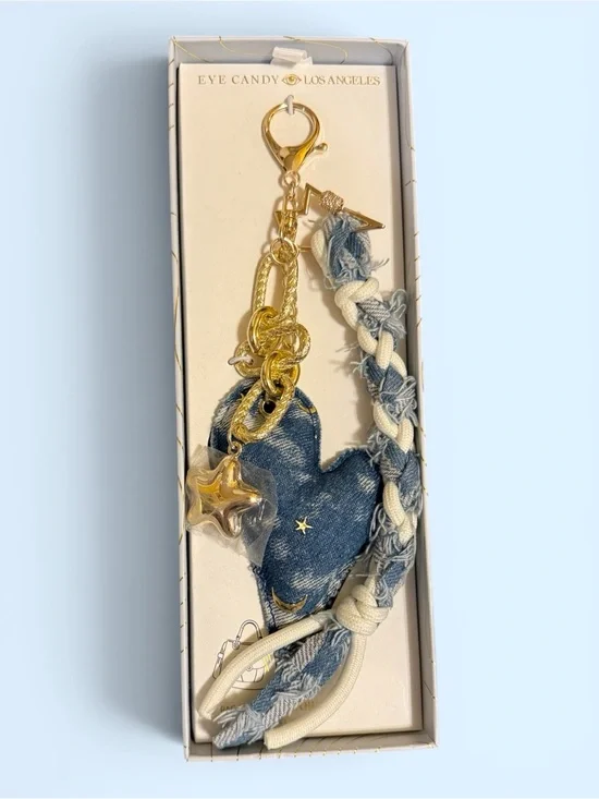 Eye Candy Blue Denim Heart Keychain/Bag Charm with Gold Star Accents NWT
