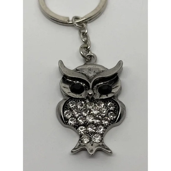 Metal Silver Color Own Keychain Rhinestones Black Onyx Eyes Purse‎ Key Fob