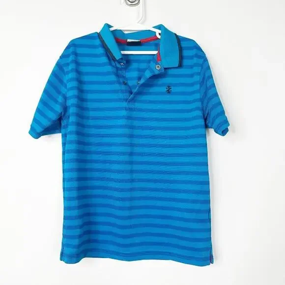 2/$30 Izod Boys Oxford Short Sleeve Blue Striped Polo 8 Blue #9681