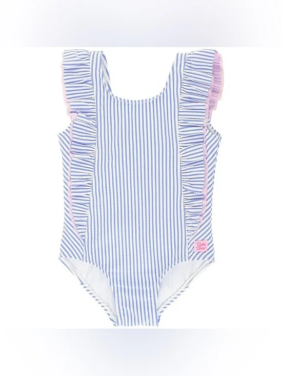RuffleButts Periwinkle Blue Seersucker Waterfall One Piece UPF 50+ Size 2T