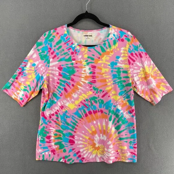 Lands‎ End Pink Tie Dye Rash Guard Kids L 14-16 Short Sleeve Pullover Swim Top