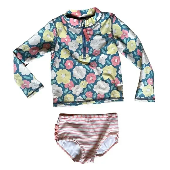Ruffle Butts Girls Two-piece 2pc Swimsuit Rashguard in Floral and Stripe Size 4T
