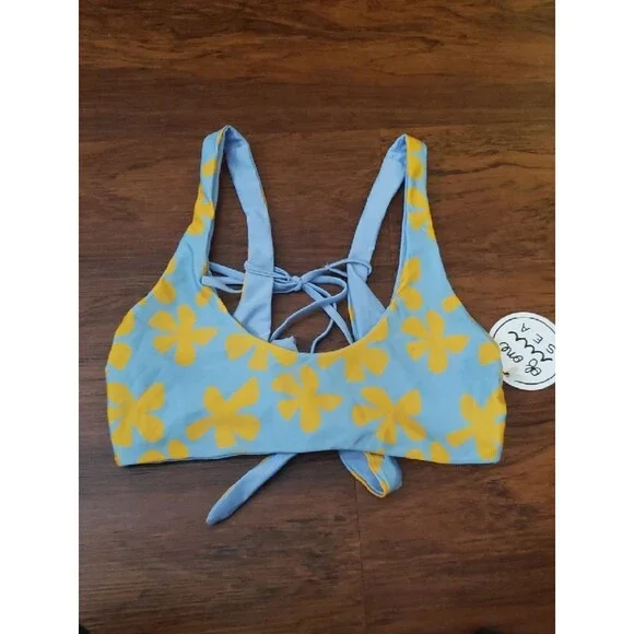 Of One Sea Girls Blue Yellow Floral Tie-Back Swim Bikini Top Size M New