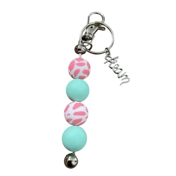 Pink and Mint Beaded Keychain / Bag Charm