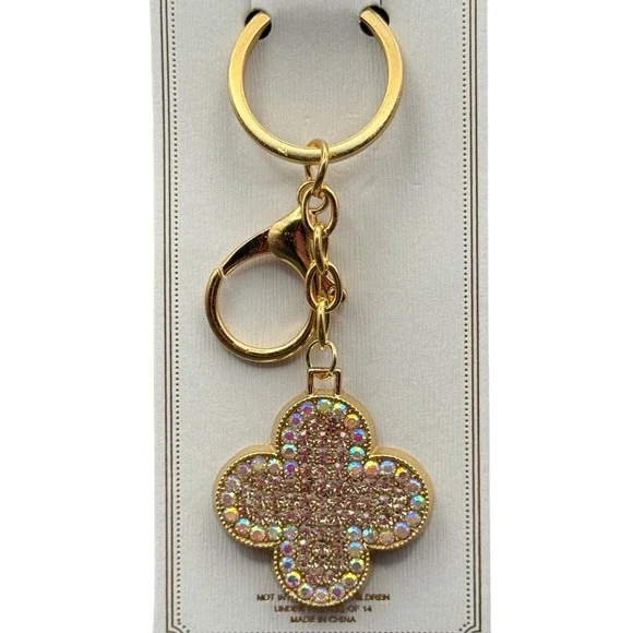 Gold Tone Rhinestone Four Leaf Clover Keychain Bag Charm Lucky Sparkly Accessory