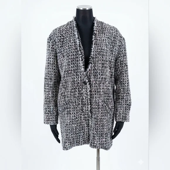 Leith Chic Black and black and white tweed frayed-edge coat.