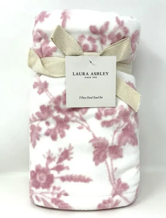 Laura Ashley Floral Bath Hand Towels Set 2 Pcs Pink White Toile NWT Flowers