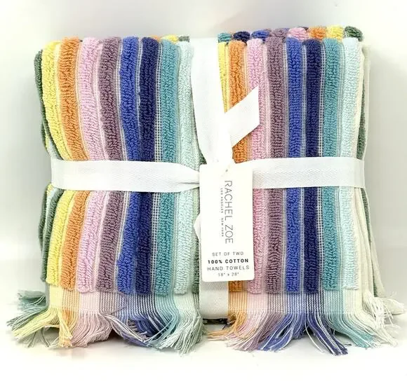 Rachel Zoe Rainbow Stripe Hand Towels 2 Pcs Multicolor Bright Colorful NWT Set