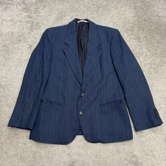 Vintage 80s Boss Hugo Boss Corleone Wool Suit Blazer Jacket Mens 38S Blue Plaid