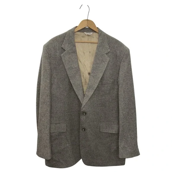 VTG 70s McRae's 100% Wool Grey Plaid 44L Sport Coat Blazer USA‎ Made Tweed Prep