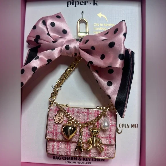 Piper K Pink Polka Dot Bow Chanel Purse Charm Bag Charm Keychain