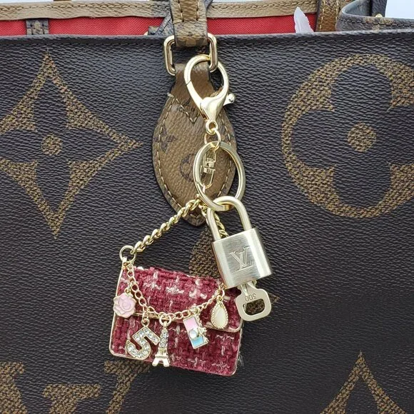 Authentic Louis Vuitton Lock & Key with Unbranded Tweed Bag Charm, Keychain