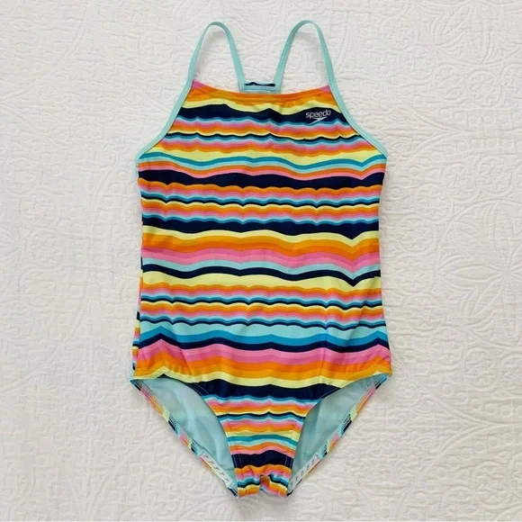 Speedo Girls' Thin Strap One Piece Swimsuit,‎ Rainbow Stripes