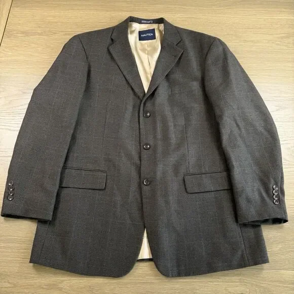 Nautica Sport Coat Men 46L Brown Blue Window Panes Three Button Notched Blazer