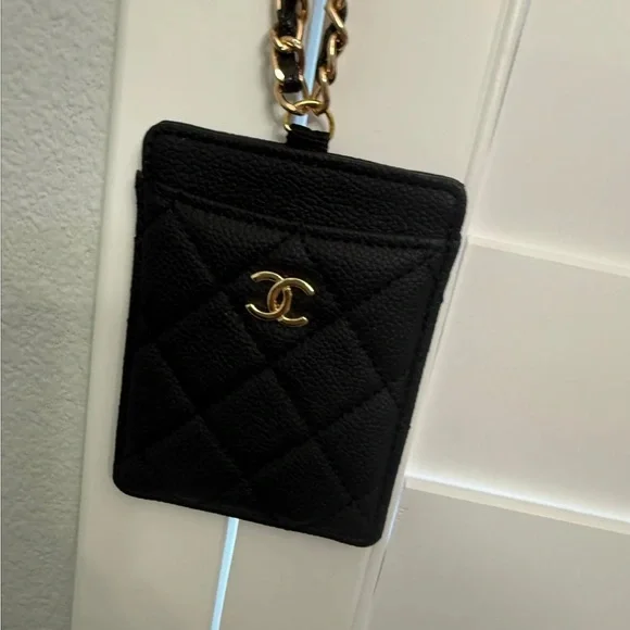 CHANEL Black Vegan Leather Chain Card Holder with Gold-Tone Chain