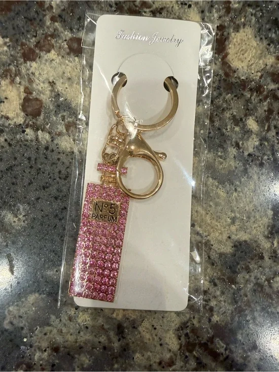Fashion Jewelry Gold-Tone Pink Rhinestone Perfume Bottle Keyring