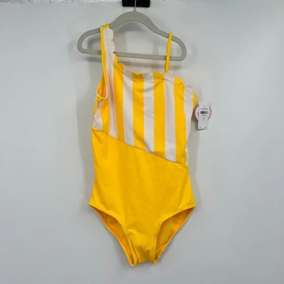 Justice Girls Yellow One Piece Swim Suit Size 16 New With Tags Striped Ruffled