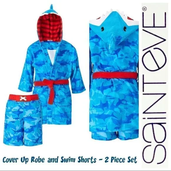 SAINT EVE Youth Boys Shark Beach CoverUp Robe  & UPF50 Swim Trunk 2Piece Set -