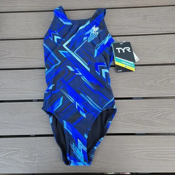 TYR Durafast Youth Girls Zenith Maxfit Swimsuit/Bathing Suit, Blue SZ 22 New