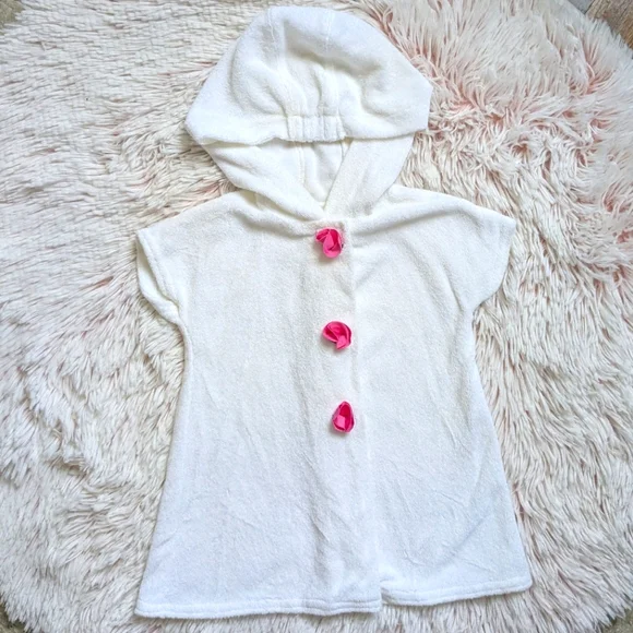 Florence Eiseman Hooded Terry Swim Cover-up White with Pink Petal Flowers 9-12m
