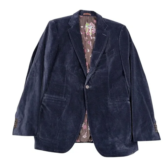 Etro Velvet Blazer Men IT 50 Blue Paisley Lining Two Button Made In Italy