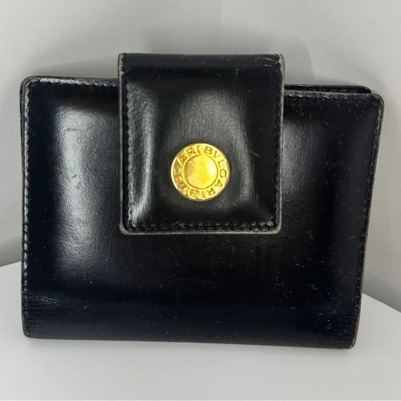 BVLGARI Card Case Black and Gold Patent Leather