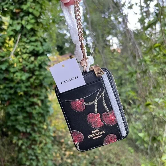 COACH Women's Leather Zip Card Case Wallet Black Red Cherry Print Gold Hardware