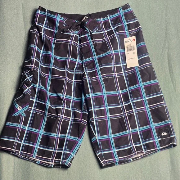 Quiksilver‎ Boys Plaid Board Shorts Black Teal Purple Swim Trunks Size 10 NEW