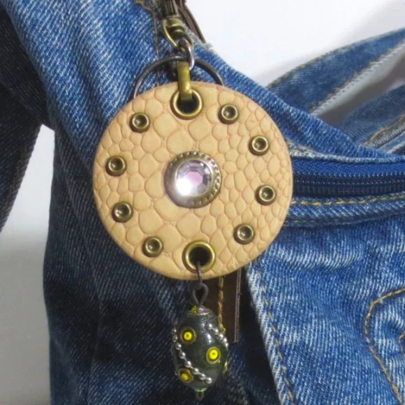 New Handmade Keychain Bag Charm Beaded Boho Faux Leather Rhinestone Swivel Clip