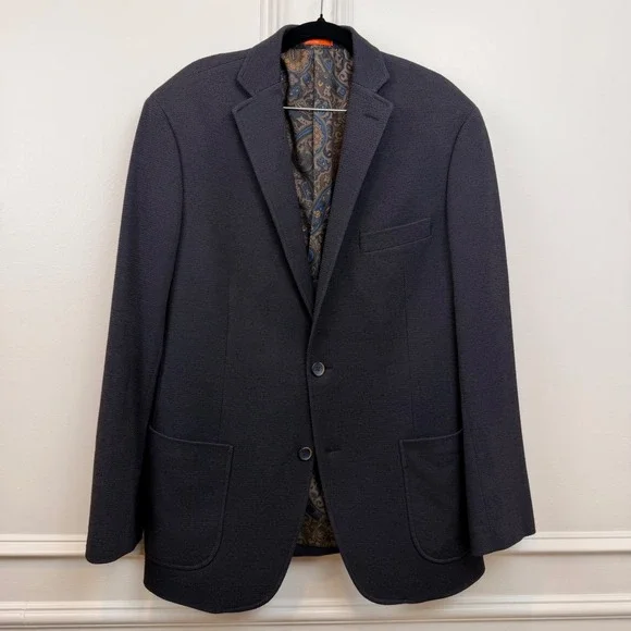 Tallia Orange Mens 42R‎ Blazer Navy Blue Micro Texture Paisley Lining Sport Coat