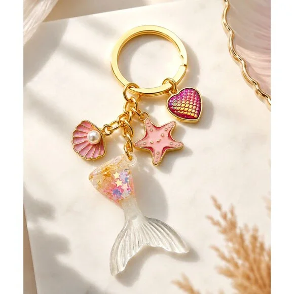 Mermaid Tail Pink Fish Scale Heart Starfish Seashell Keychain Coastal Luxe NWT