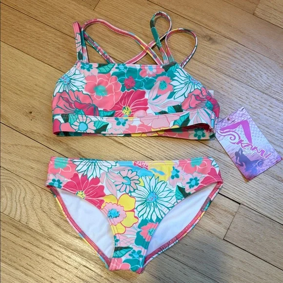Kanu Surf Two Piece Kids Pink Floral Racerback Bikini with Pink, Teal & Yellow