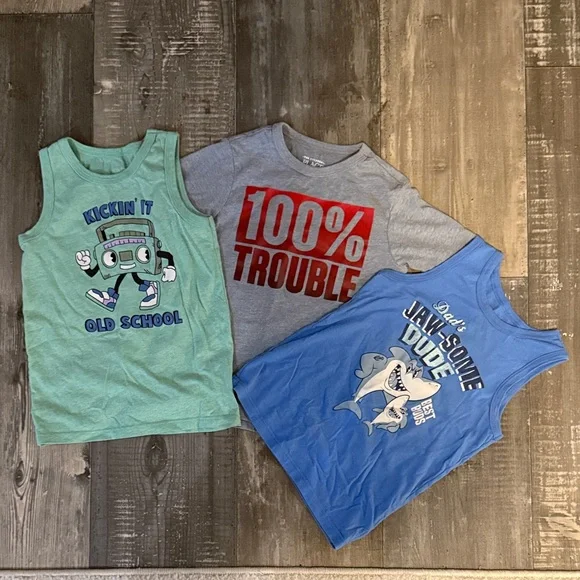 The Children's Place 3-Pack Graphic Tanks & Tee - Mint Green, Gray, Blue