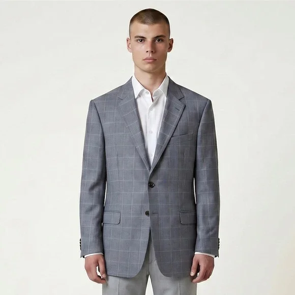 Joseph Abboud Blazer Jacket Mens 42L Grey Wool Linen Silk Windowpane Sports Coat